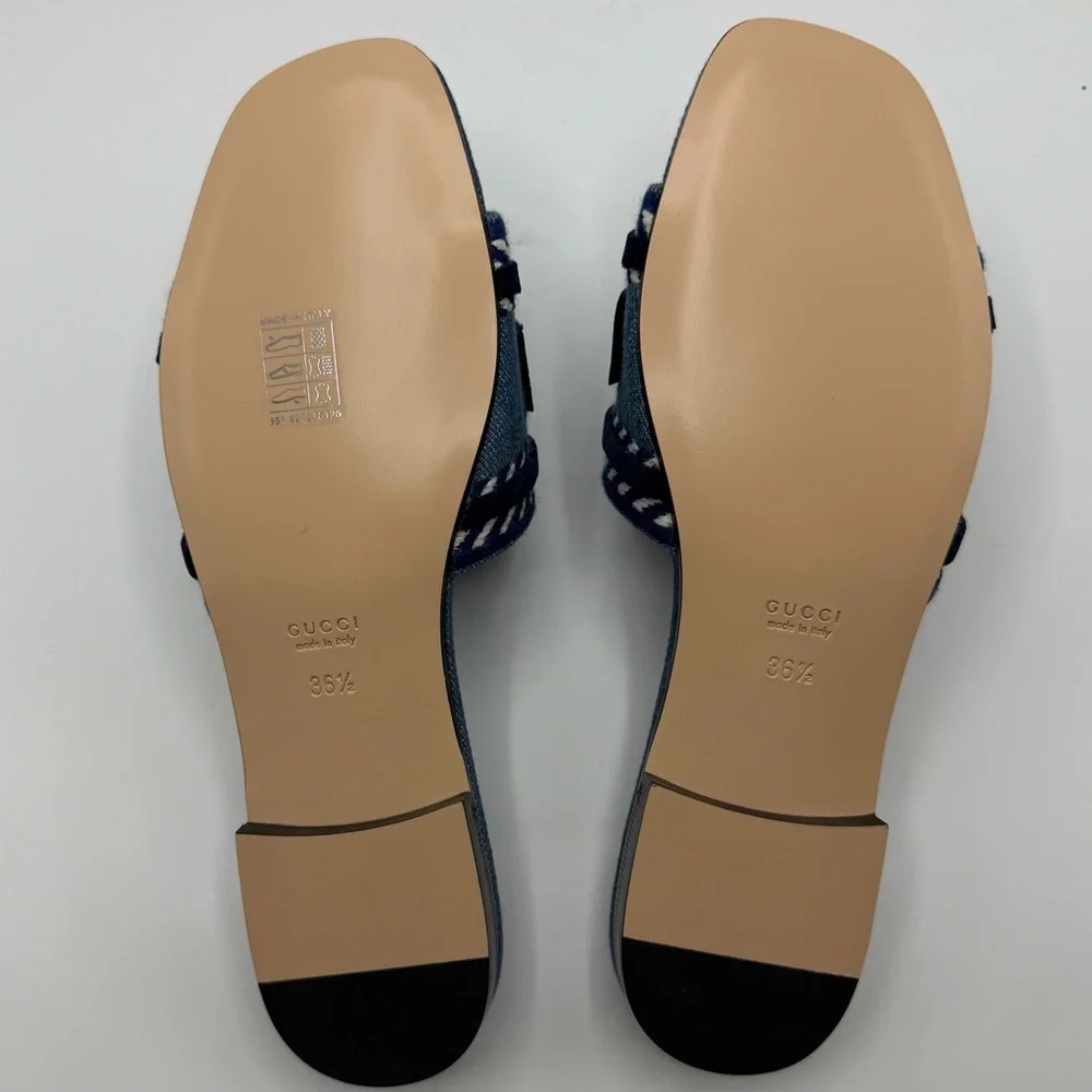 NEW NIB Gucci Logo Blue White Denim Jane Flat Slides EU 36.5 - Picture 4 of 8